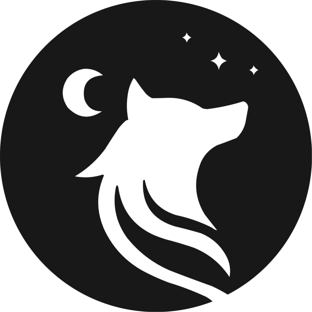 A stylized minimal wolf head in a black night sky with the moon to the left and three stars to the right.