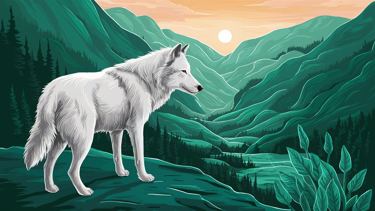 A white wolf stands atop a lush green valley. A golden sky and sun are in the distance.