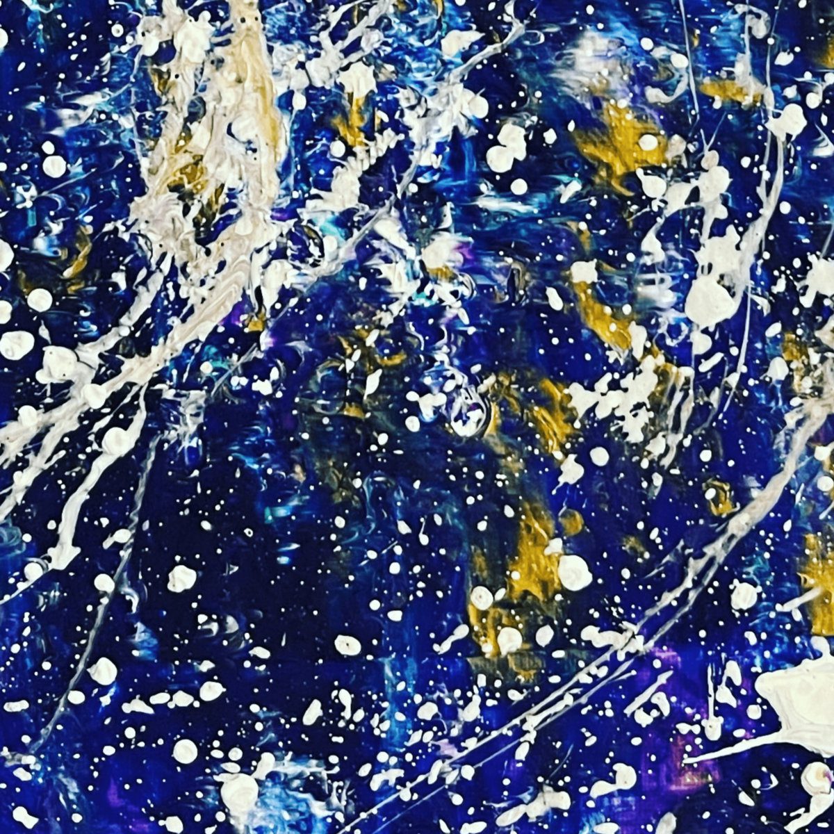 An abstract painting and album artwork by Billy Wilcosky. Dark blue background with splashes of white, gold, and blue paints.