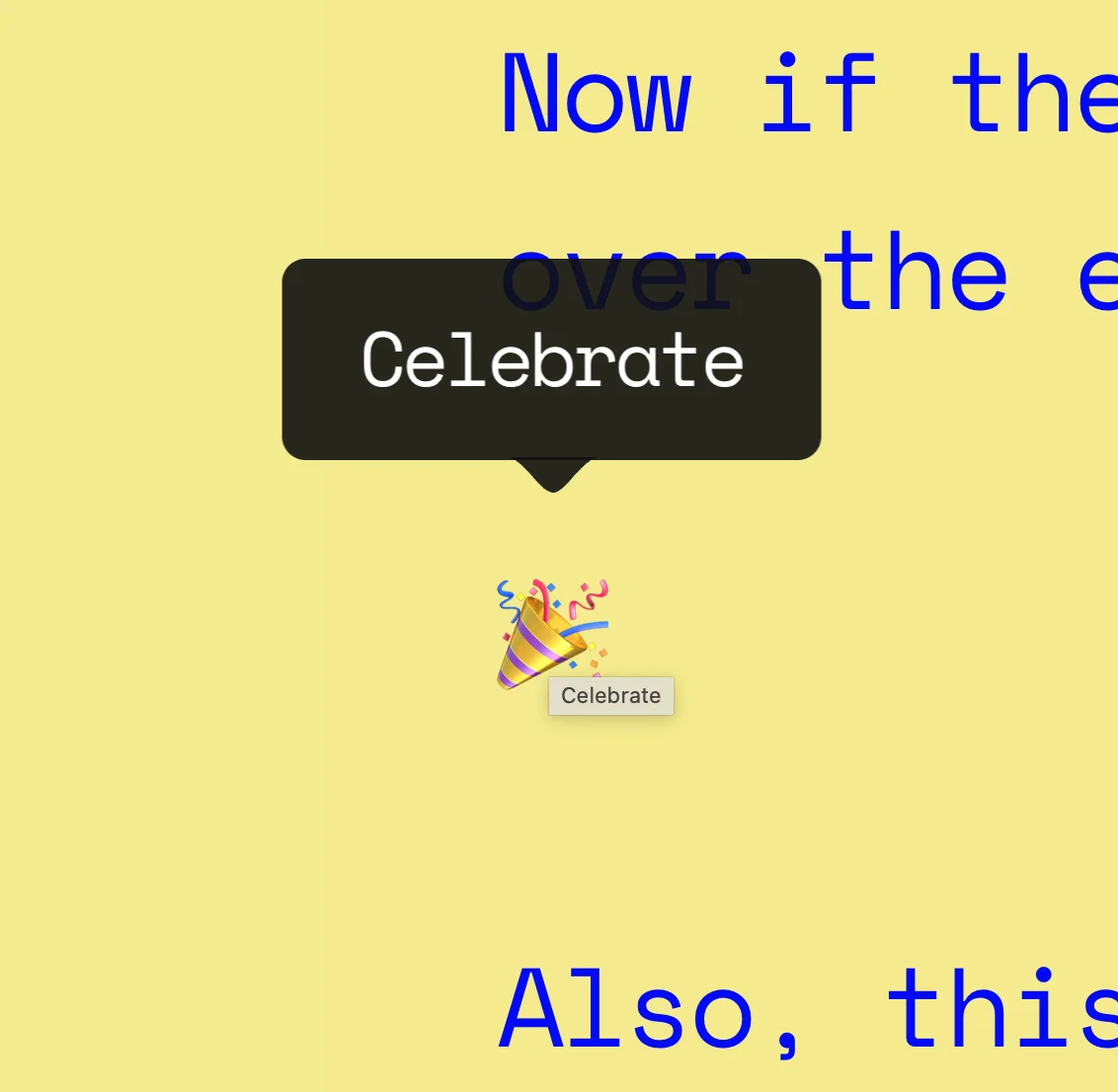 A close up of the emoji meaning plugin in action. You see a confetti popper emoji with a tooltip that says, Celebrate.