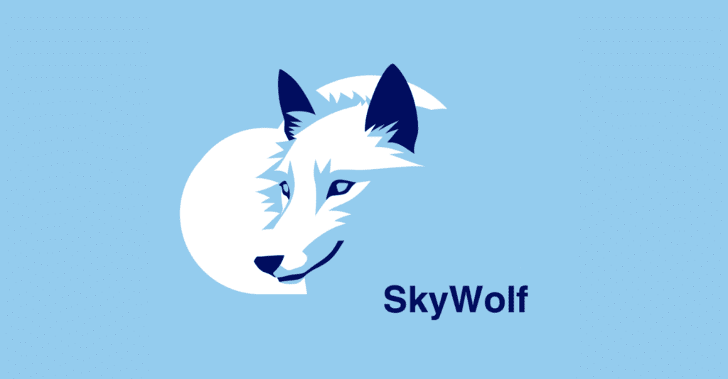 A vector style white and blue wolf in the sky with a single cloud behind the head.