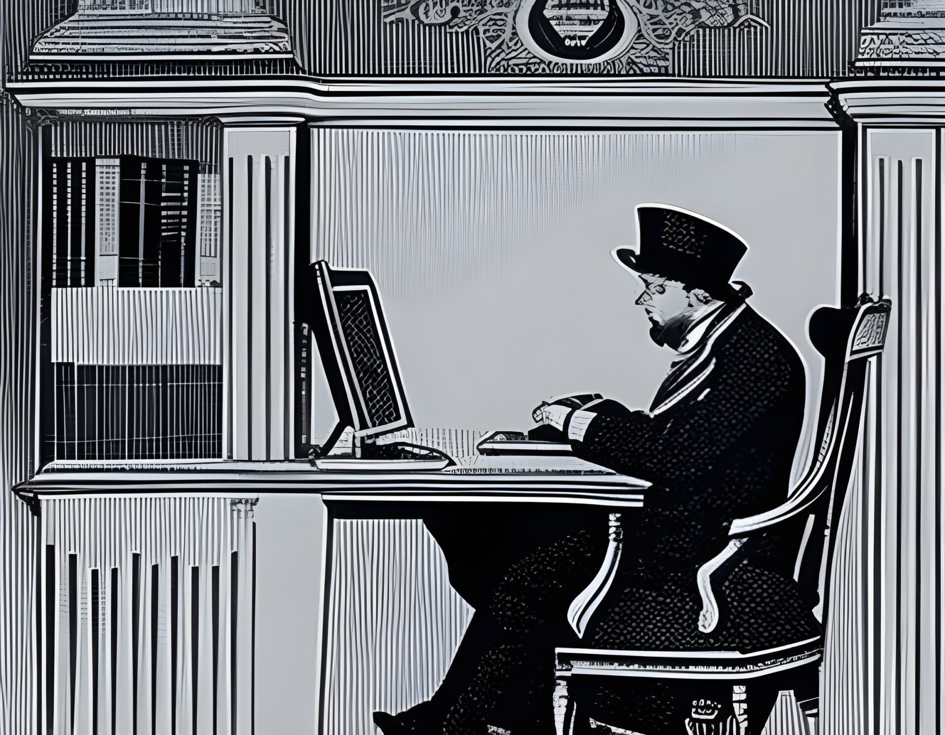 An ai-generated image. The style is an etching. A victorian era man is sitting at a table typing on a computer. He is wearing a top hat and suit. The chair is a high-back wooden chair. There is a bookshelf in front of him.