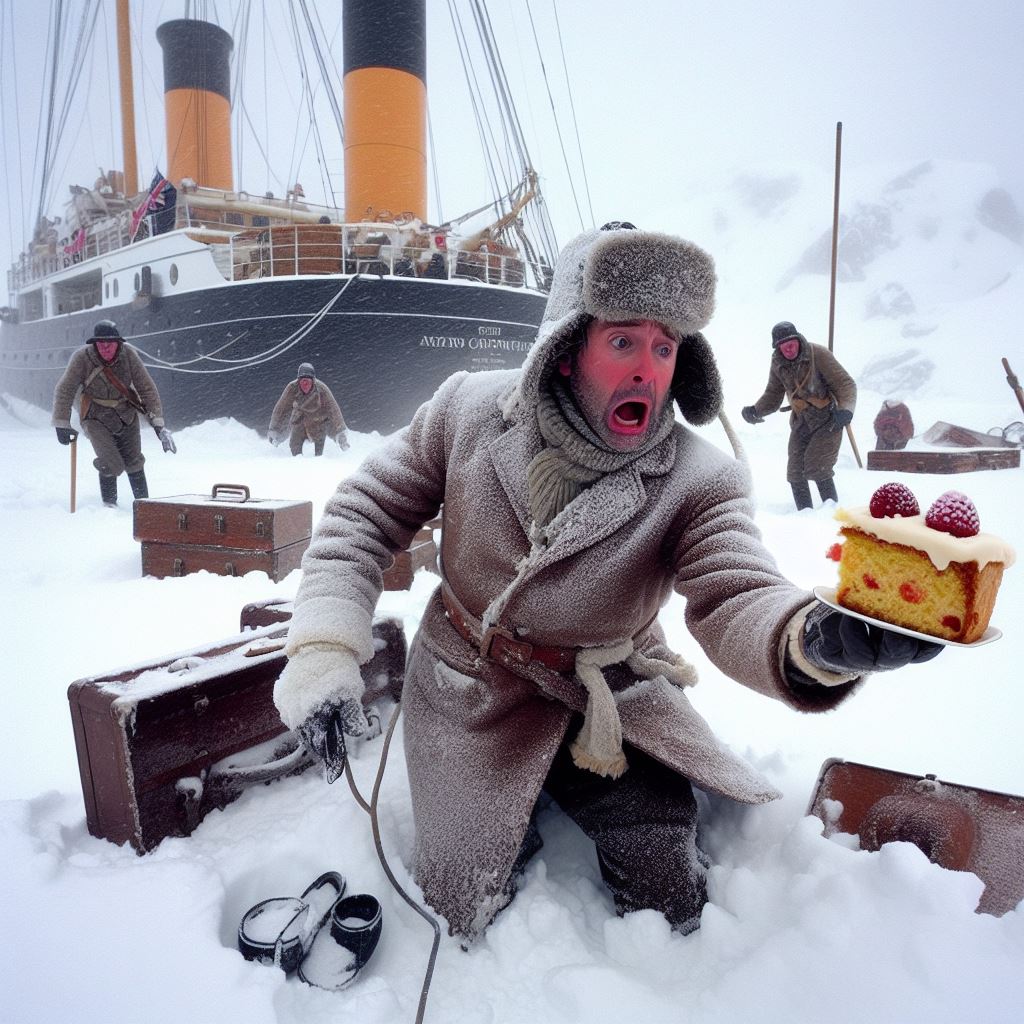 AI-generated image of Robert Falcon Scott in Antarctica dropping fruitcake. He's in the foreground and his ship is behind him.